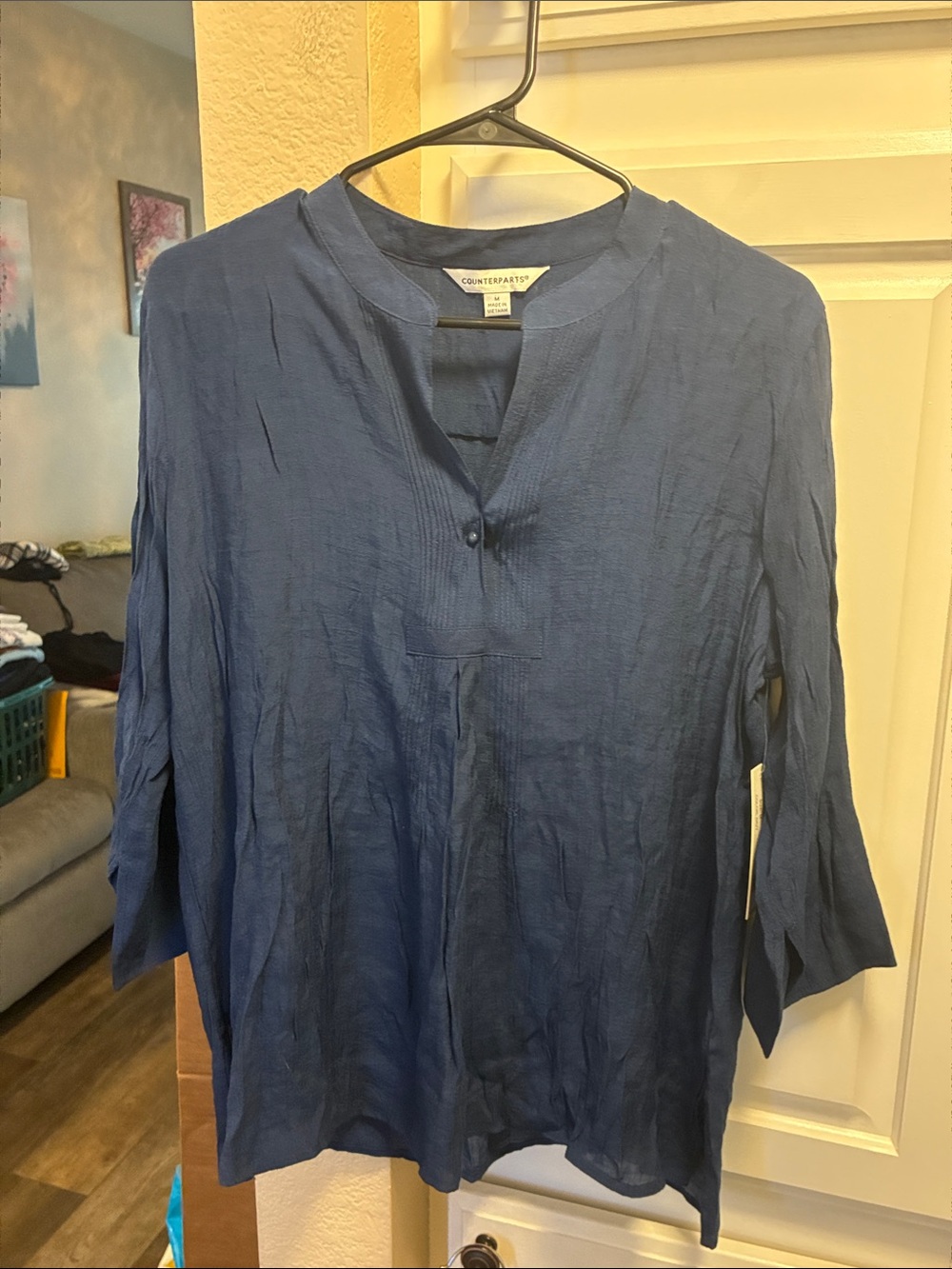 Counterparts navy blue tunic top with  split neckline and pleated detailing NWT